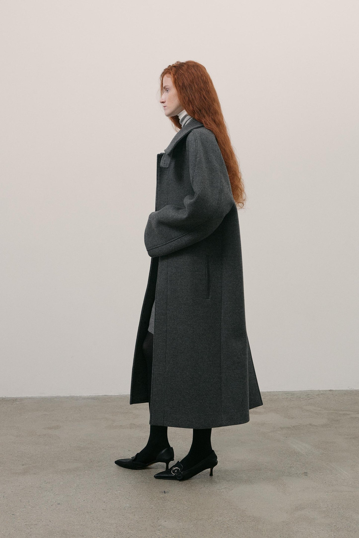 Structured-Sleeve Single Wool Coat Melange Dark Grey