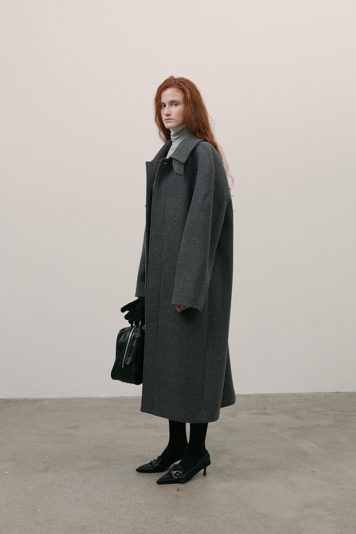 Structured-Sleeve Single Wool Coat Melange Dark Grey